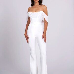 Miss Circle Women Sherlyn White Off Shoulder Flared Crepe Jumpsuit
